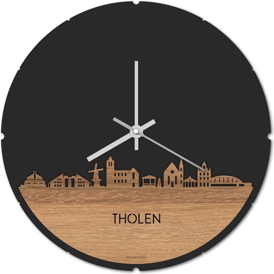 Skyline Klok Rond Tholen Eikenhout - Ø 44 cm - Stil uurwerk - Wanddecoratie - Meer steden beschikbaar - Woonkamer idee - Woondecoratie - City Art - Steden kunst - Cadeau voor hem - Cadeau voor haar - Jubileum - Trouwerij - Housewarming -