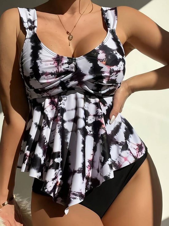 Tankini set- Tie Dye 2-delige Tankini- V-hals Gerimpelde Stretch Hoog Uitgesneden Badkleding- Badpak Bikini Zwempak Strandkleding Zwemkleding- Zwart wit detials- Maat M