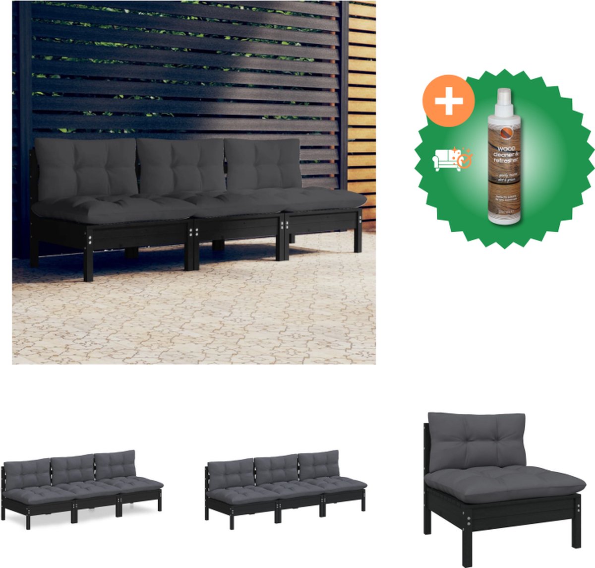 VidaXL Sofa Outdoor Massief grenenhout Zwart 63.5 x 63.5 x 62.5 cm Loungebank Inclusief Houtreiniger en verfrisser