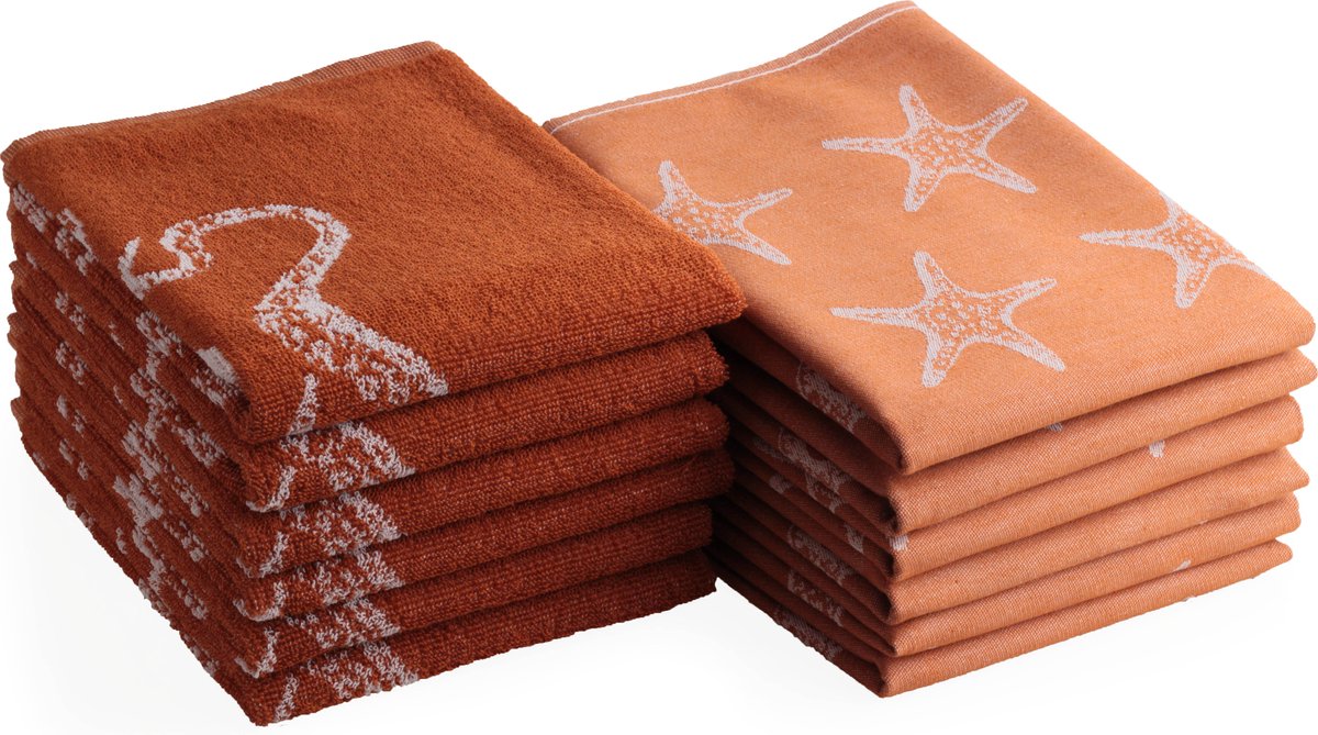 DoubleDry Theedoeken en Keukendoeken Set - 12 Stuks - 100% Katoen - Hoge Absorptie & Duurzaam - Oceaan, Terracotta