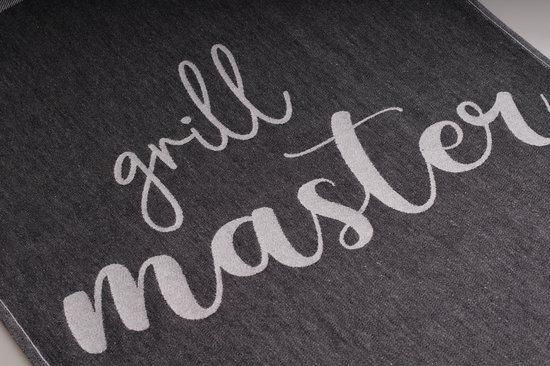 Torchons gris foncé avec le texte blanc 'grill master' en lettres élégantes.
