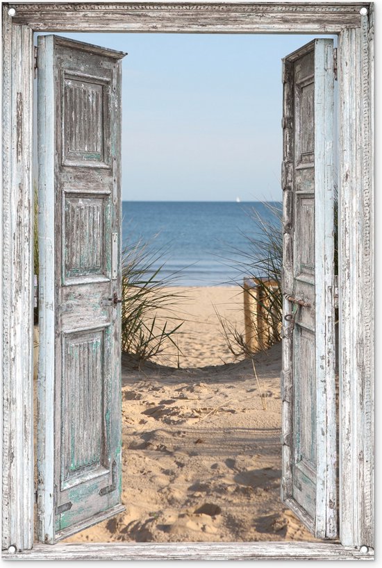 Tuinposter - Schutting decoratie - Tuindecoratie - Duin - Strand - Doorkijk - Zomer - Tuindoek - Schuttingdoek - Tuinschilderij voor buiten - Tuin - 80x120 cm - Buitenposter - Tuinversiering - Balkon decoratie - Tuinposters