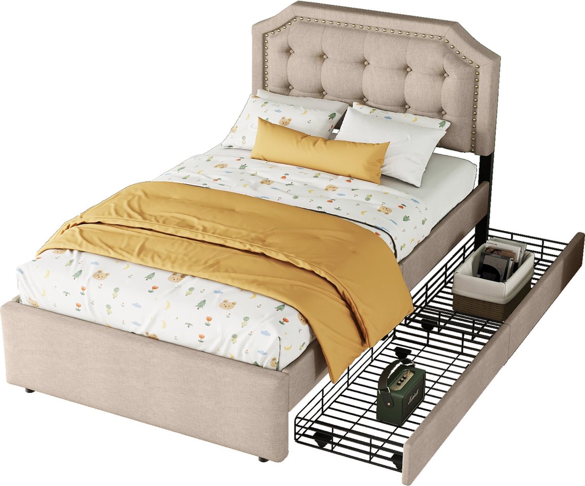 Merax 90x200 cm Gestoffeerd Bed - Luxe Eenpersoonsbed met Opbergruimte - Donkerbeige