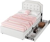 Merax 90*200 cm flaches Bett, gepolstertes Bett, Nachttischpolsterung mit dekorativen Nieten, doppelte Schubladen, Hellbeige