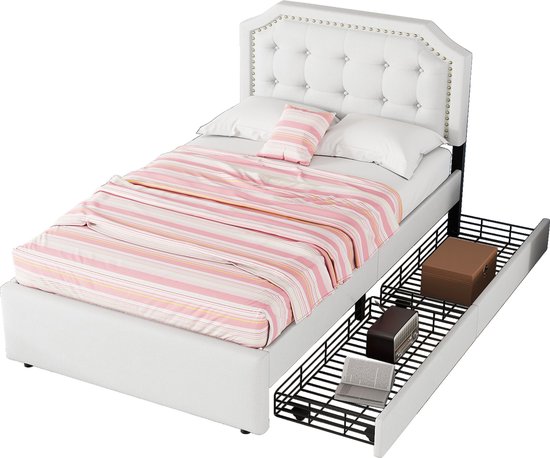 Merax Gestoffeerd Eenpersoonsbed 90x200 - Luxe Bed met Opbergruimte - Lichtbeige
