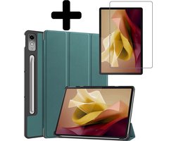 Hoes - Geschikt voor Lenovo Tab P12 - Met Screenprotector - Trifold Bookcase - Hard Cover Case - Met Uitsparing Geschikt voor Lenovo Pen - Hardcover Book - Tablet Hoesje - Donkergroen
