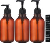 Lotiondispenser, 3 stuks 300 ml zeepdispenser met labels voor shampoo, vloeibare zeep, douchegel, wasmiddeldispenser om te vullen, hervulbare plastic fles voor keuken, badkamer, amber