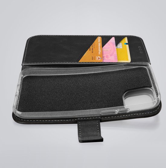 Étui portefeuille noir pour iPhone, ouvert, avec des cartes et des billets dans le porte-cartes.
