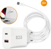 R2B® USB-C naar USB-C Kabel + USB A & USB-C Adapter - 2 Meter kabel - Extra stevige USB-C kabels - USB-C oplader geschikt voor o.a. iPhone & Samsung - Snellader