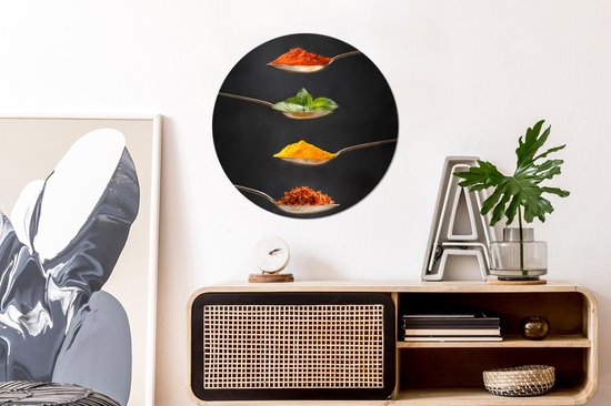 WallCircle - Stickers muraux - Cercle Papier Peint - Herbes - Cuillère - Épices - Zwart - Italien - 80x80 cm - Cercle Mural - Auto Adhésif - Autocollant Rond Papier Peint