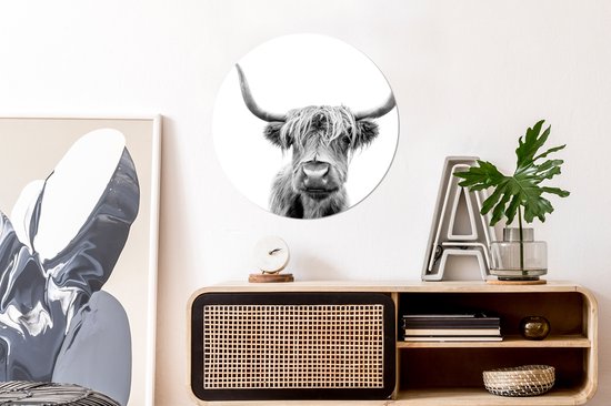 Wallpaper Circle - Scottish Highlander - Zwart - Wit - Animaux - 50x50 cm - Wall Circle