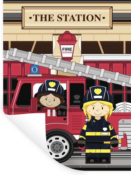 Muurstickers - Sticker Folie - Kinderillustratie van brandweervrouwen - 90x120 cm - Plakfolie - Muurstickers Kinderkamer - Zelfklevend Behang - Zelfklevend behangpapier - Stickerfolie