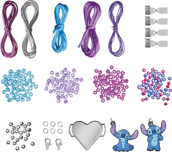 Réalisation de bracelets à breloques Totum Disney Stitch 3 avec perles et coeur et 2 breloques Stitch et techniques d'emballage et de tressage - speelgoed créatifs