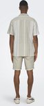 Man van achteren, draagt beige kortarmig gestreept overhemd en beige shorts.