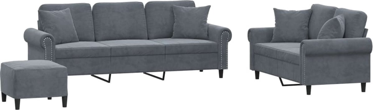 vidaXL - 3-delige - Loungeset - met - kussens - fluweel - donkergrijs