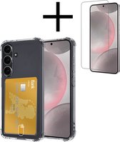 Hoes Geschikt voor Samsung S24 Hoesje Pasjeshouder Cover Shock Proof Case Siliconen Hoes Met Kaarthouder Met Screenprotector - Transparant