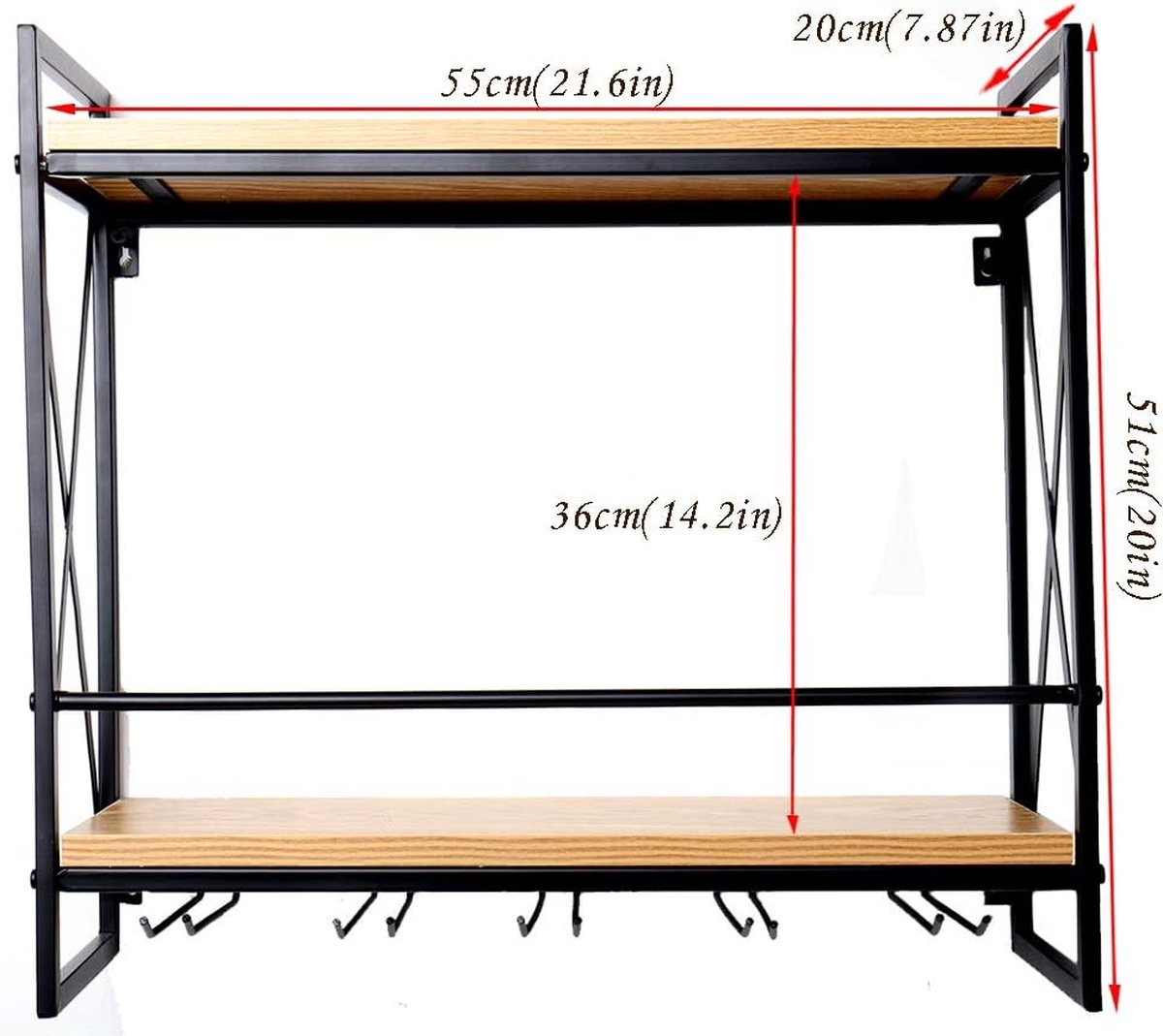 Industriële wandwijnrekken met glazen houder - 80 cm - rustiek