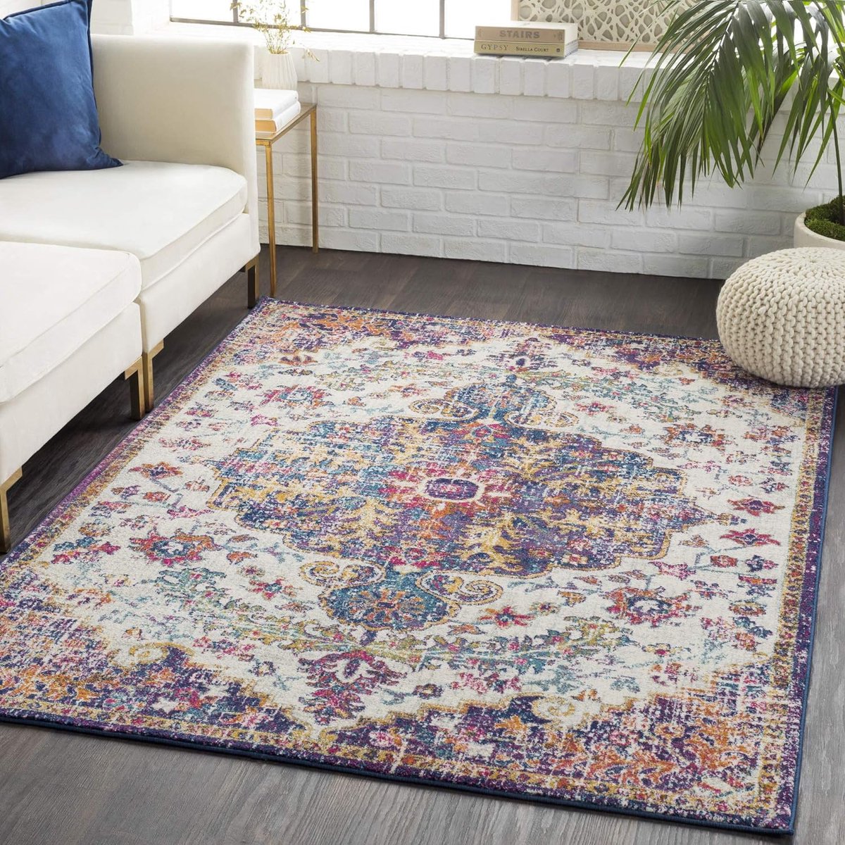 Vintage tapijt, oosters tapijt voor woonkamer, eetkamer, slaapkamer, oosters boho-tapijt, laagpolig tapijt voor eenvoudig onderhoud, groot tapijt, 160 x 220 cm, lichtbeige