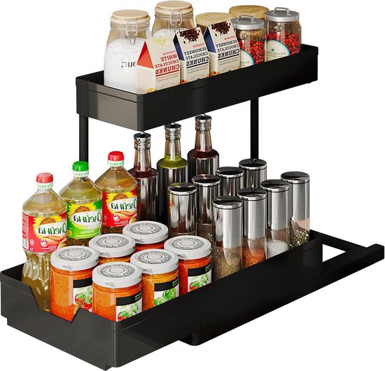 FLOWCASA Organizer voor onder de wastafel, uittrekbaar, 2-traps spoelkastorganizer met 5 haken en 2 uittrekbare manden, keukenorganizer en badkameropslag, waterbestendig, verpakking van 2 stuks, zwart