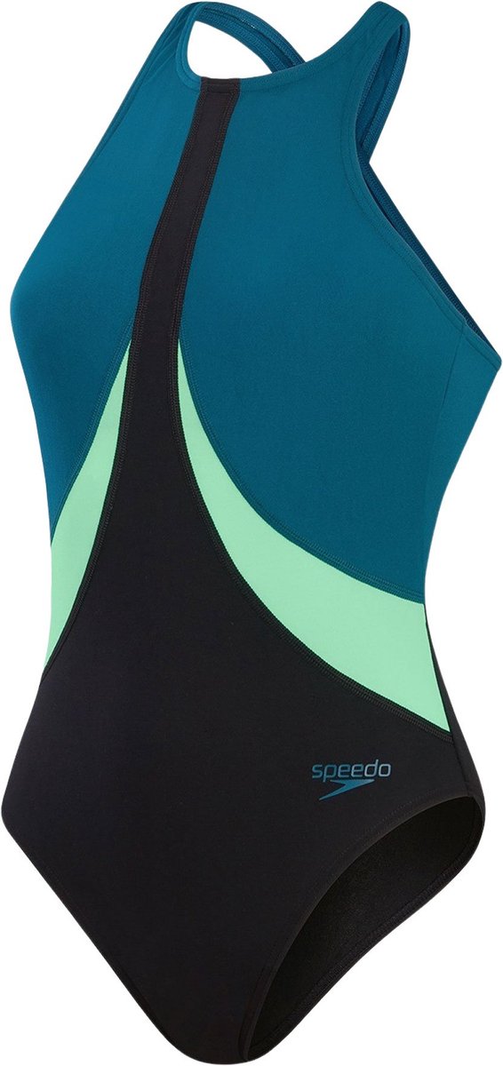 Speedo dames high neck x back badpak colourblock blauw & zwart - 42 Blauw / Groen