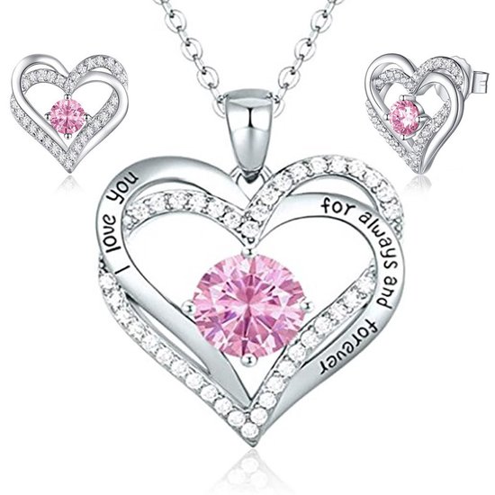 Silverplated roze Swarovski® hart ketting en oorbellen - 45 cm - Valentijnsdag - Moederdag Cadeau - Geschenkset Vrouwen - Cadeau voor Vrouw - Verjaardagscadeau - Cadeau - Geschenk voor haar - Kerst Cadeau - Juwelia
