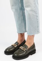 Sacha - Dames - Donkergroene leren loafers met goudkleurige chain - Maat 36