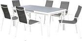 MYLIA Tuineettafel van grijs en witte aluminium : 6 stoelen en uitschuifbare tafel - LINOSA L 240 cm x H 96 cm x D 100 cm