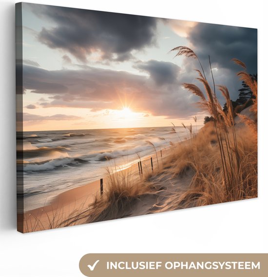 Canvas Schilderij 90x60 cm - Strand - Duinen - Zee - Zand - Helmgras - Wanddecoratie woonkamer - Muurdecoratie keuken - Kamer accessoires - Woondecoratie huis