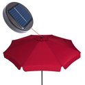 Rode parasol met bovenzijde en een losse weergave van het zonnepaneel.