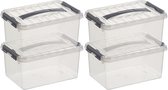 4x Sunware Q-Line opberg boxen/opbergdozen 6 liter 30 cm kunststof- Opslagbox - Opbergbak kunststof transparant/zilver