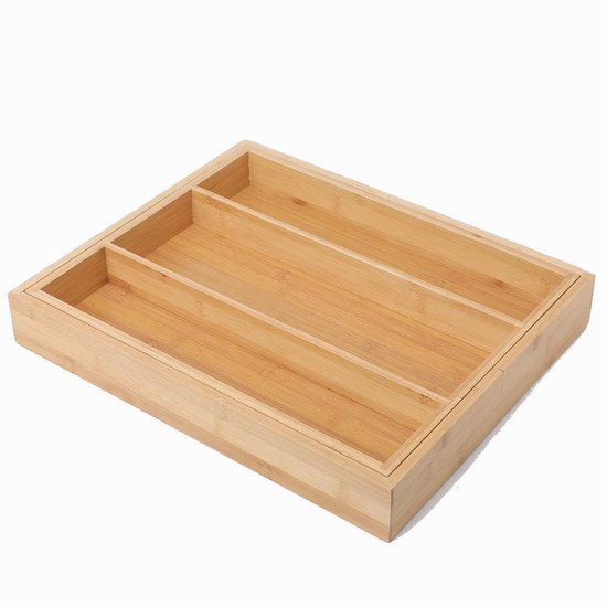 Decopatent Decopatent® Uitschuifbaar Bestekbak - Besteklade - 7 Vaks Uitschuifbaar Naar 9 Vakken Bestekbakken Organizer Bamboe Grijs