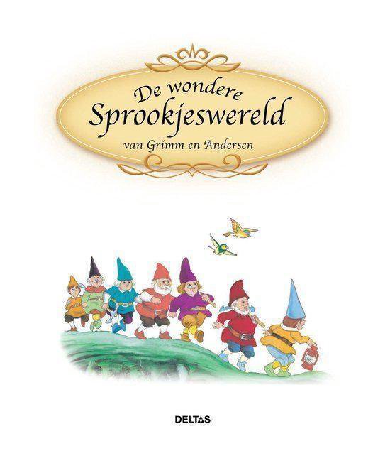 Zeven kabouters in kleurrijke kledij lopen in een veld. Boven de afbeelding staat 'De Wondere Sprookjeswereld van Grimm en Andersen'.