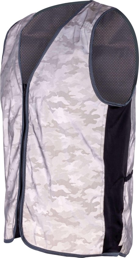 Grijs camouflage vest met ritssluiting en mesh panelen aan de zijkanten.