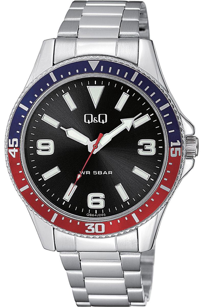 QQ QB64J205Y - Horloge - Analoog - Mannen - Heren - Stalen band - Rond - Metaal - Cijfers - Zilverkleurig - Blauw - Rood -Zwart - Wit