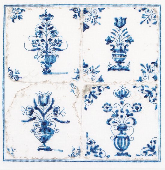 Thea Gouverneur - Borduurpakket met telpatroon - 483 - Voorgesorteerde DMC Garens - Delfts Blauwe Tegels - Linnen - 28 cm x 28 cm - DIY Kit