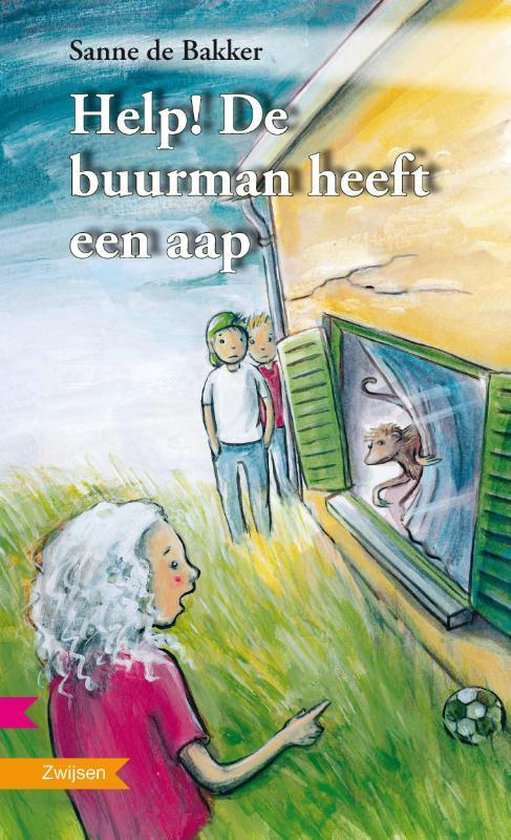 Boekcover met titel "Help! De buurman heeft een aap". Twee jongens kijken naar een raam waar een aap uitkijkt. Een meisje wijst naar het huis.