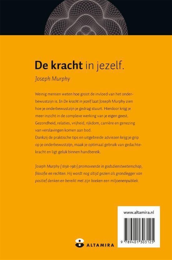 Achterkant van het boek 'De kracht in jezelf' van Joseph Murphy, met oranje achtergrond en tekst. ISBN 9789401303125.