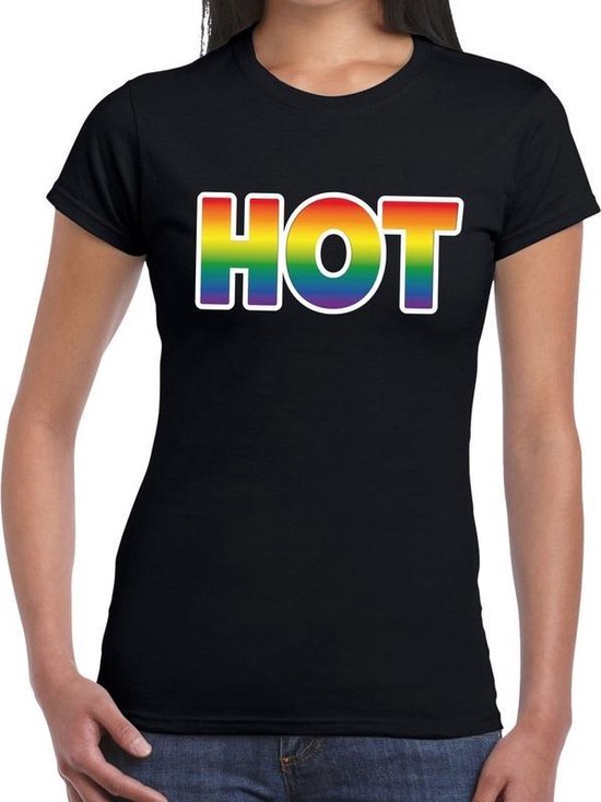 Hot gay pride t-shirt zwart met regenboog tekst voor dames -  Gay pride /LGBT kleding XL