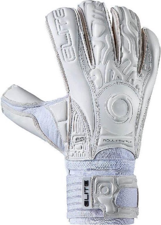 Witte Elite keepershandschoen, zijaanzicht, met reliëf en klittenbandsluiting.