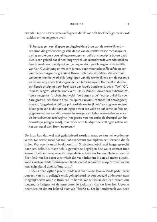 Paginatitel 'Inleiding' en paginanummer 15. Tekst over Brenda Dunne en twee wetenschappers die zij interviewde voor haar boek.