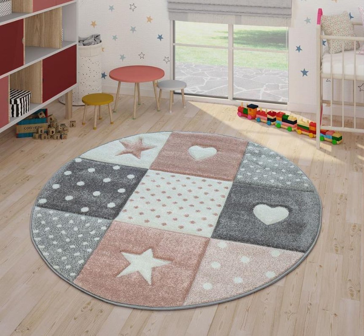 Trendy Vloerkleed Tapijt Sterren Hartjes Stippen Pastel Roze Grijs Crème Rond 120 cm
