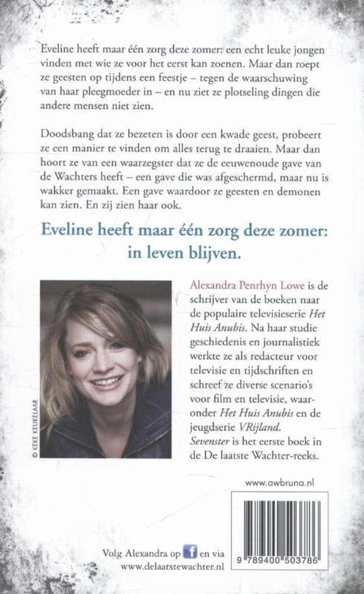De achterkant van het boek 'Sevenster', met een foto van Alexandra Penrhyn Lowe en tekst over het boek.