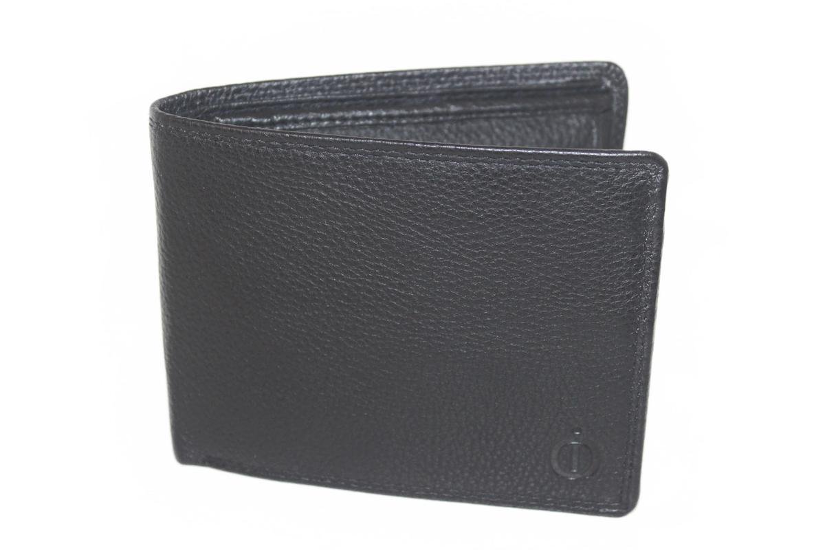 OI zwarte leren heren portemonnee / klassieke billfold laag model voor 7 pasjes/ platte beurs met lipje binnenin / anti skim / zwart leer / 103