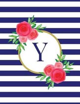 Navy and White Striped Coral Floral Monogram Journal with Letter Y