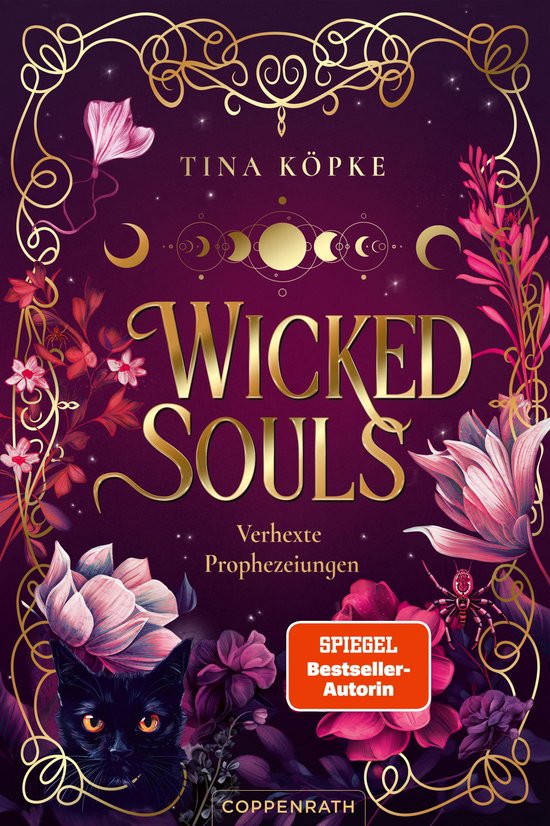 Boekcover van 'Wicked Souls' met een zwarte kat, bloemen, ranken en een Spaanse vlieg. Gouden ornamenten en tekst 'Wicked Souls'.