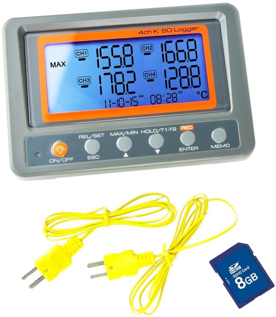 4-kanaals K-type Thermokoppelthermometer – Meet Tot 1372°C, Met Datalogger En USB-aansluiting, Voor Nauwkeurig Temperatuurmeten