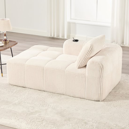 STILVORA Banquette – Chaise longue en velours côtelé – Compact et polyvalent – Avec poche latérale et porte-gobelet – Pour salon, chambre d'amis et bureau – Beige