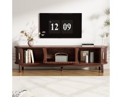 OKWISH TV-Meubel – Retro 3 Deuren (2 Schuifdeuren + 1 Klepdeur) – Open Houten Lamellen – MDF Bruin – 165x39,5x46 cm – Geschikt Voor 65 Inch