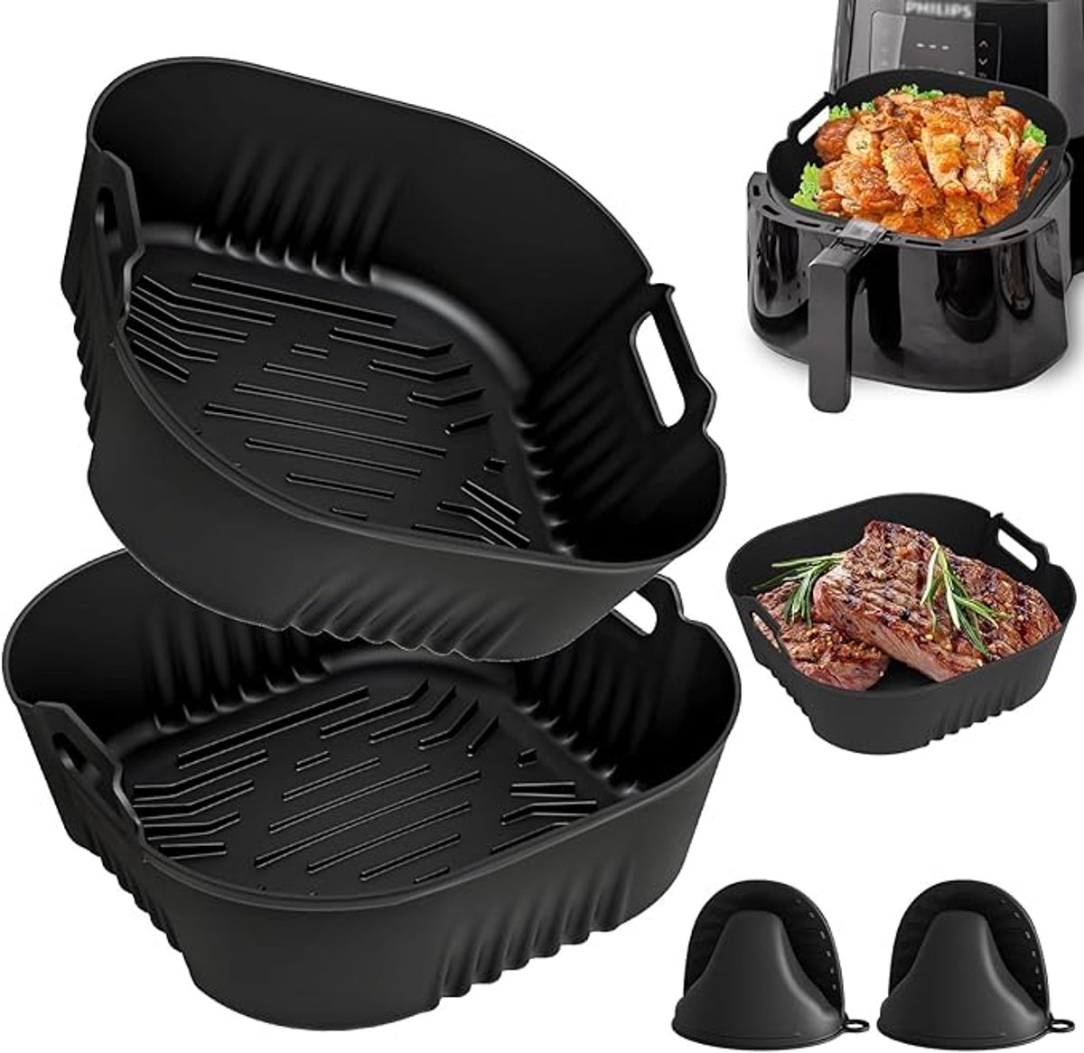 Siliconenvorm voor heteluchtfriteuse voor Philips Essential XL 6,2L HD9270/90, 4 stuks siliconenvorm voor Airfryer voor Philips 5000 Serie 7,2L HD9285/90 met siliconen ovenwantjes Herbruikbaar