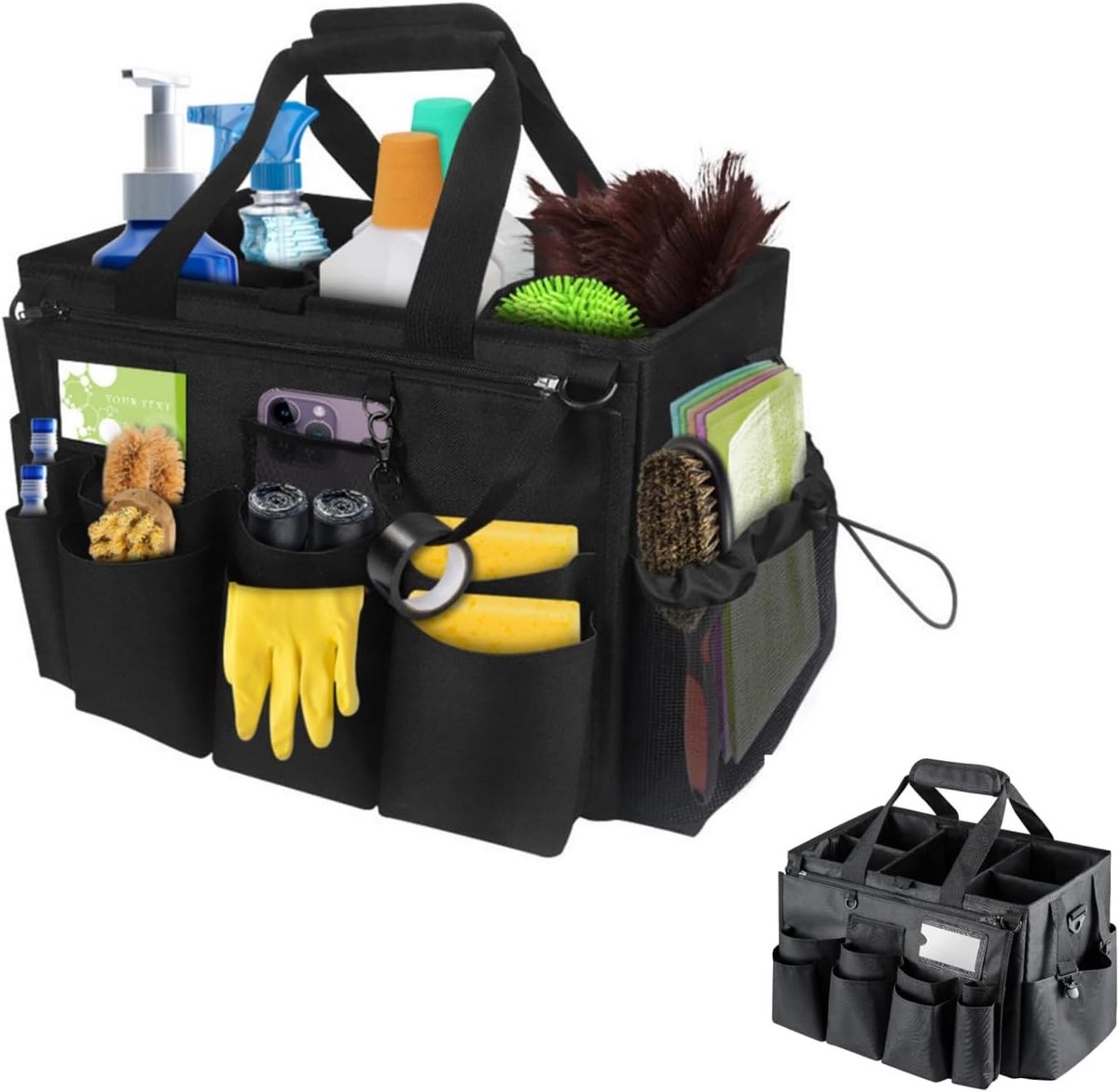 Famanu – Grote cleaning caddy organizer met handvat – Draagbare opbergmand met ritsvak – Voor schoonmaakbenodigdheden, huishoudelijk werk en auto